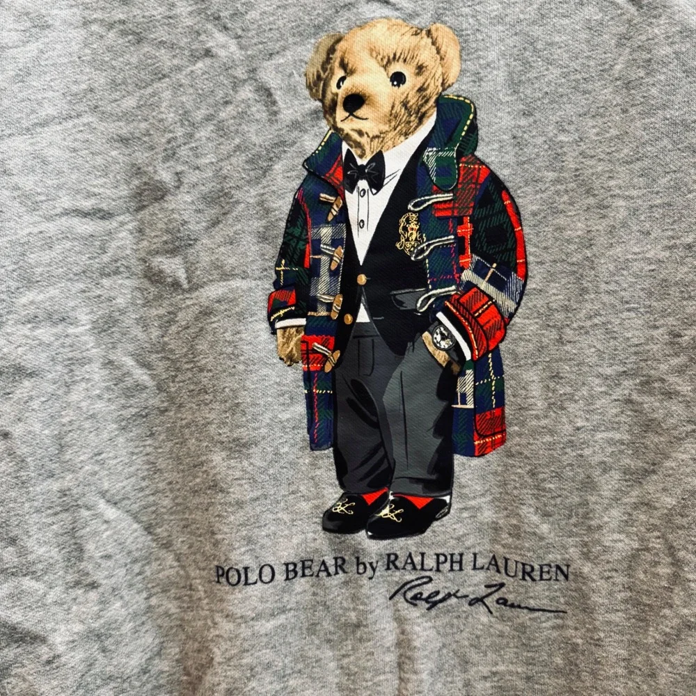 Polo Ralph Lauren Polo Duffel Bear Tartan Plaid Coat Fleece Sweatshirt Grey SZ M